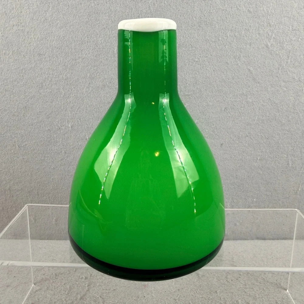 Vintage Mid Century Emerald Green Cased Glass Vase White‎ Rim 6 Inch MCM Decor